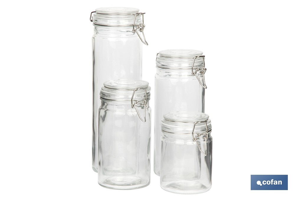 SET 4  FRASCOS CRISTAL+ CLIP ACERO 2100ML,1500ML,1150ML,750ML