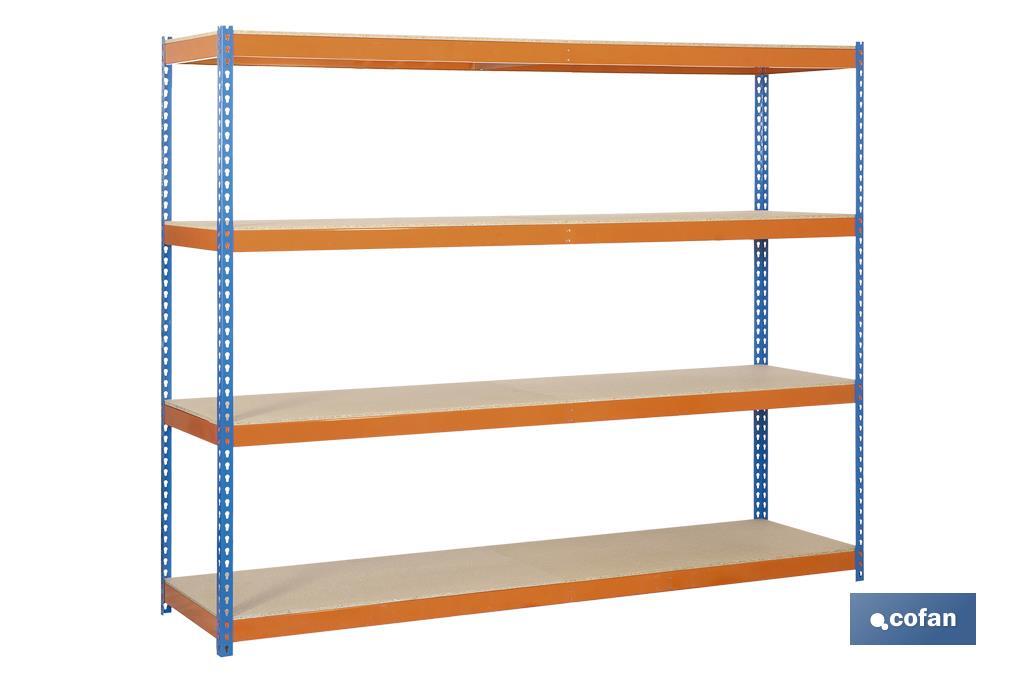 ESTANTERÍA MEDIA CARGA AZUL/NARANJA 4 BALDAS DE MADERA 2000 X 2400 X 600 MM (PACK: 1 UDS)